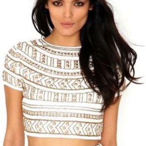 MISSGUIDED cream/gold Premium Embellished Crop Top US 4